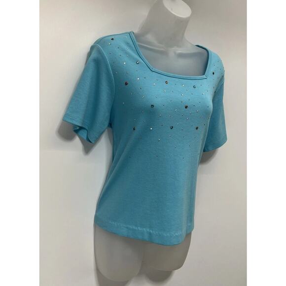 Quacker Factory Rhinestone Embellished Short Sleeve Top Blue Sz S Colorful Gems - Picture 3 of 7